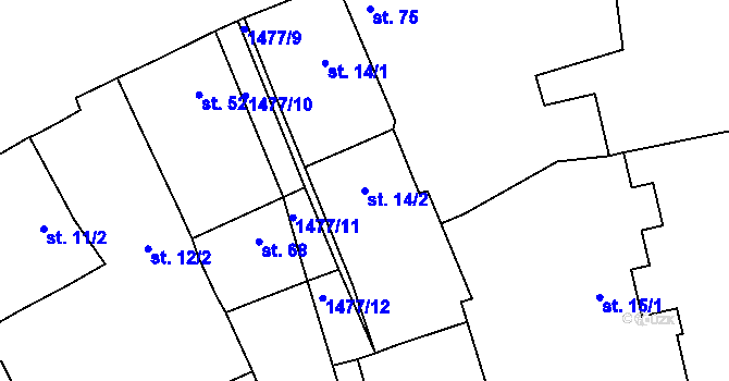 Parcela st. 14/2 v KÚ Obora u Loun, Katastrální mapa