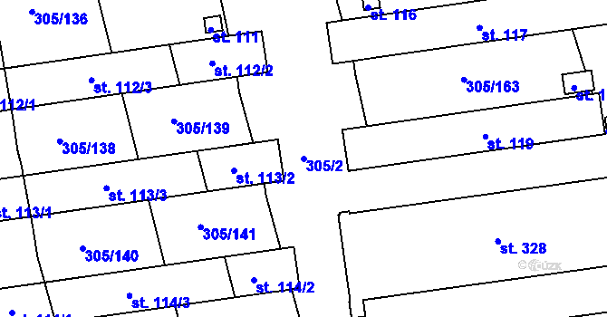 Parcela st. 305/2 v KÚ Obora u Loun, Katastrální mapa