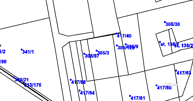 Parcela st. 305/3 v KÚ Obora u Loun, Katastrální mapa