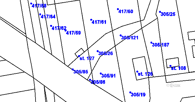 Parcela st. 305/26 v KÚ Obora u Loun, Katastrální mapa