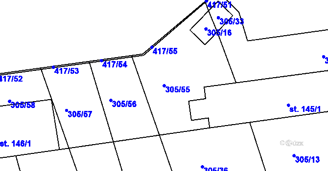 Parcela st. 305/55 v KÚ Obora u Loun, Katastrální mapa