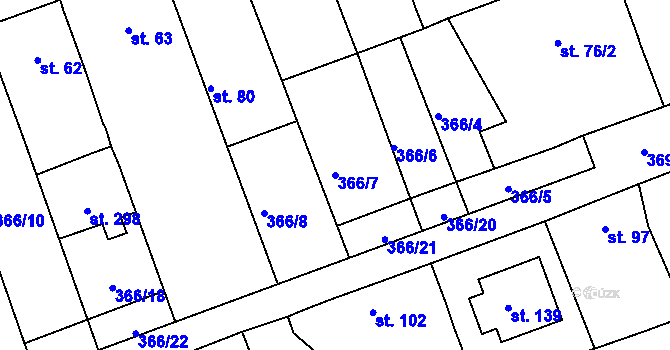 Parcela st. 366/7 v KÚ Obora u Loun, Katastrální mapa