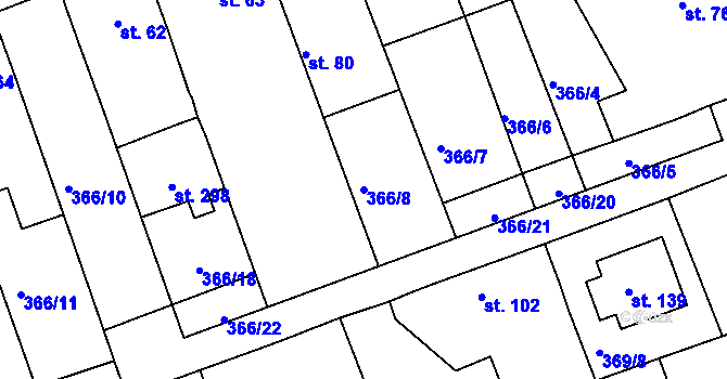 Parcela st. 366/8 v KÚ Obora u Loun, Katastrální mapa