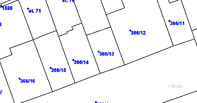 Parcela st. 366/13 v KÚ Obora u Loun, Katastrální mapa