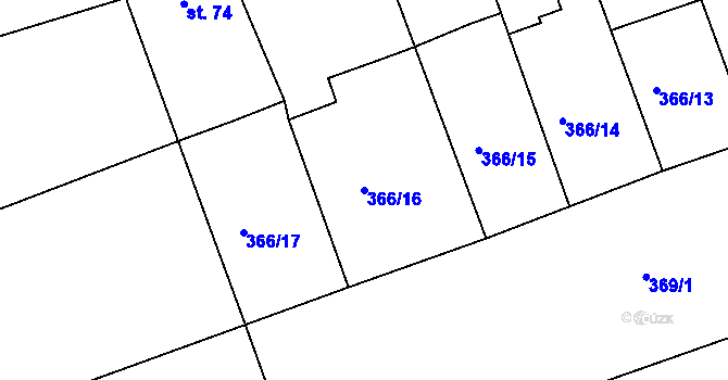 Parcela st. 366/16 v KÚ Obora u Loun, Katastrální mapa