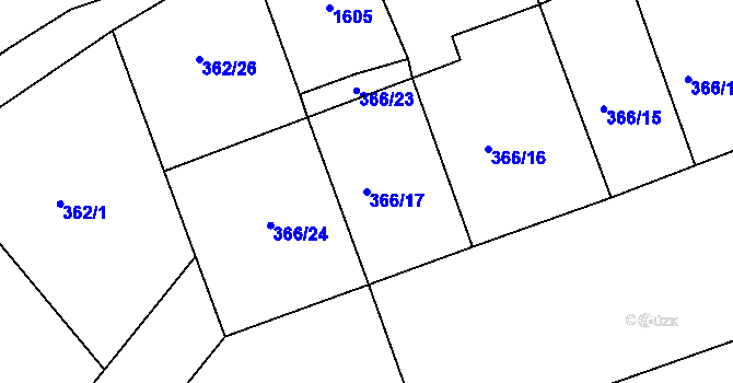 Parcela st. 366/17 v KÚ Obora u Loun, Katastrální mapa