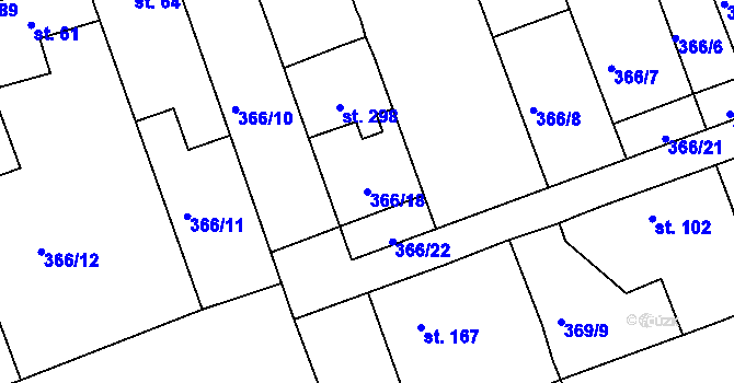 Parcela st. 366/18 v KÚ Obora u Loun, Katastrální mapa
