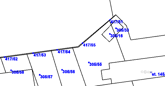 Parcela st. 417/55 v KÚ Obora u Loun, Katastrální mapa