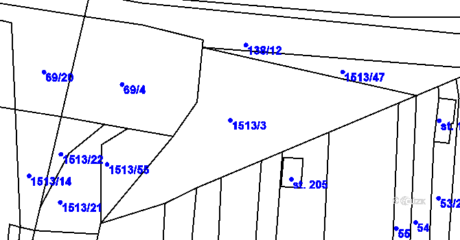 Parcela st. 1513/3 v KÚ Obora u Loun, Katastrální mapa