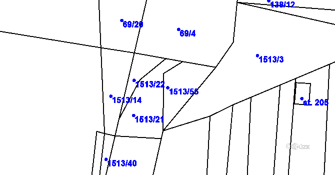 Parcela st. 1513/55 v KÚ Obora u Loun, Katastrální mapa