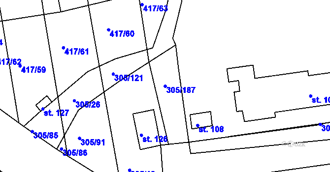 Parcela st. 305/187 v KÚ Obora u Loun, Katastrální mapa