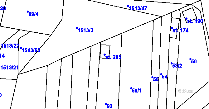 Parcela st. 205 v KÚ Obora u Loun, Katastrální mapa