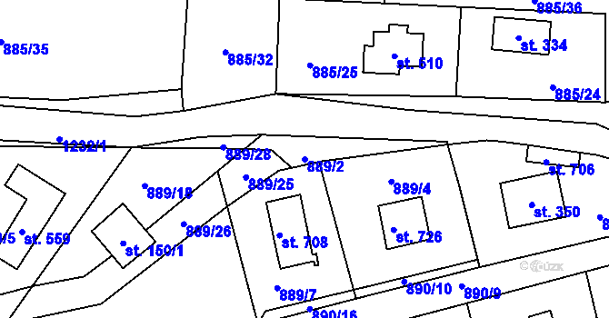 Parcela st. 889/2 v KÚ Černé Voděrady, Katastrální mapa