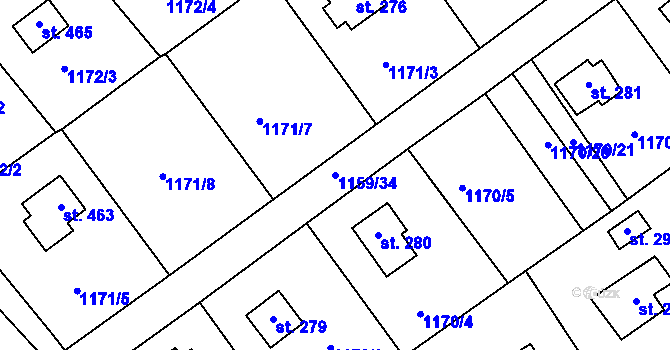 Parcela st. 1159/34 v KÚ Černé Voděrady, Katastrální mapa