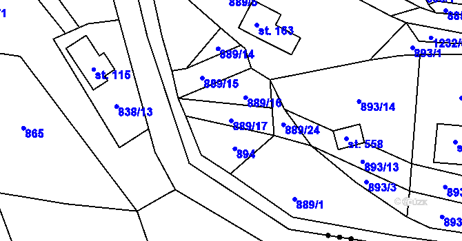 Parcela st. 889/17 v KÚ Černé Voděrady, Katastrální mapa