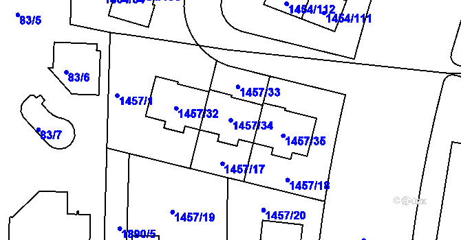 Parcela st. 1457/34 v KÚ Černice, Katastrální mapa