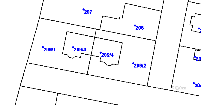 Parcela st. 209/4 v KÚ Radobyčice, Katastrální mapa