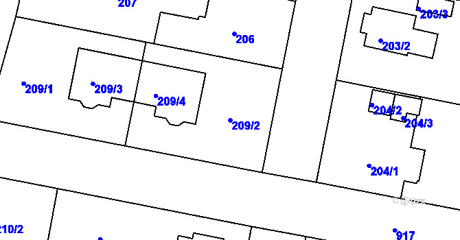 Parcela st. 209/2 v KÚ Radobyčice, Katastrální mapa