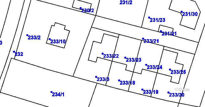 Parcela st. 233/22 v KÚ Radobyčice, Katastrální mapa