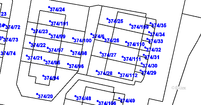 Parcela st. 374/27 v KÚ Radobyčice, Katastrální mapa