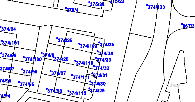 Parcela st. 374/34 v KÚ Radobyčice, Katastrální mapa