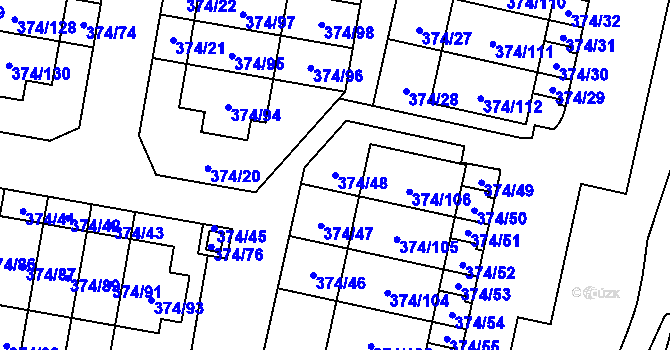 Parcela st. 374/48 v KÚ Radobyčice, Katastrální mapa