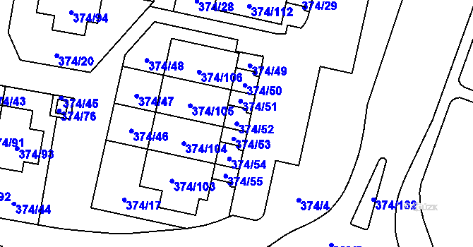 Parcela st. 374/52 v KÚ Radobyčice, Katastrální mapa