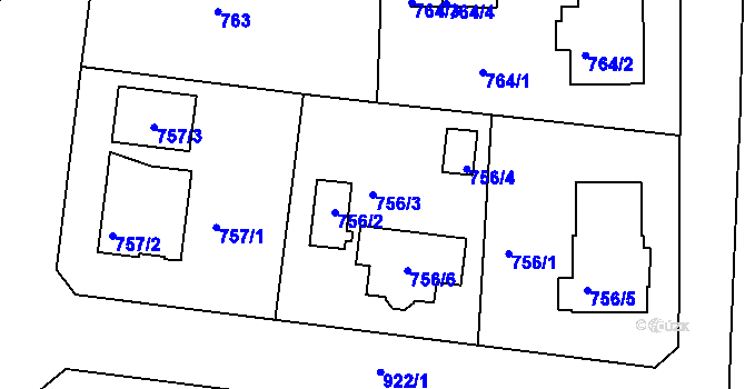 Parcela st. 756/3 v KÚ Radobyčice, Katastrální mapa