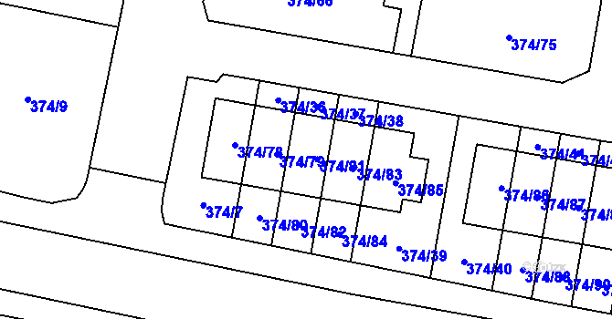 Parcela st. 374/81 v KÚ Radobyčice, Katastrální mapa