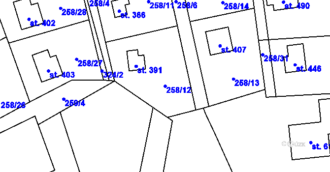 Parcela st. 258/12 v KÚ Černolice, Katastrální mapa