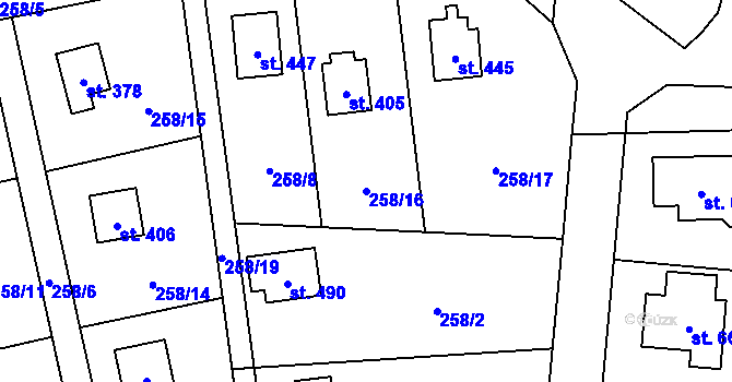 Parcela st. 258/16 v KÚ Černolice, Katastrální mapa