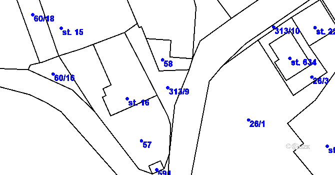 Parcela st. 313/9 v KÚ Černolice, Katastrální mapa