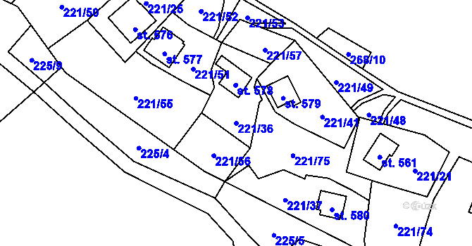 Parcela st. 221/36 v KÚ Černolice, Katastrální mapa