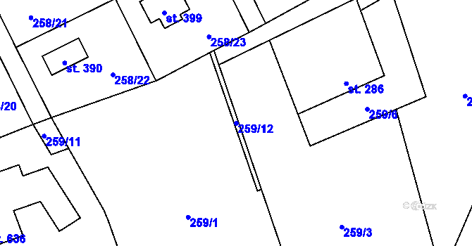 Parcela st. 259/12 v KÚ Černolice, Katastrální mapa