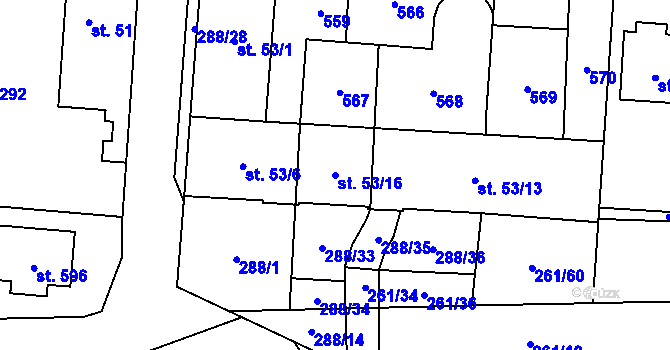 Parcela st. 53/16 v KÚ Černolice, Katastrální mapa