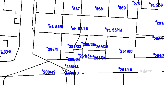 Parcela st. 288/35 v KÚ Černolice, Katastrální mapa