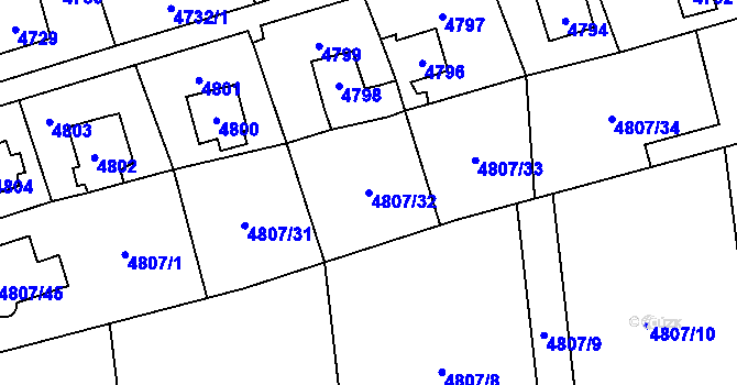 Parcela st. 4807/32 v KÚ Černošice, Katastrální mapa