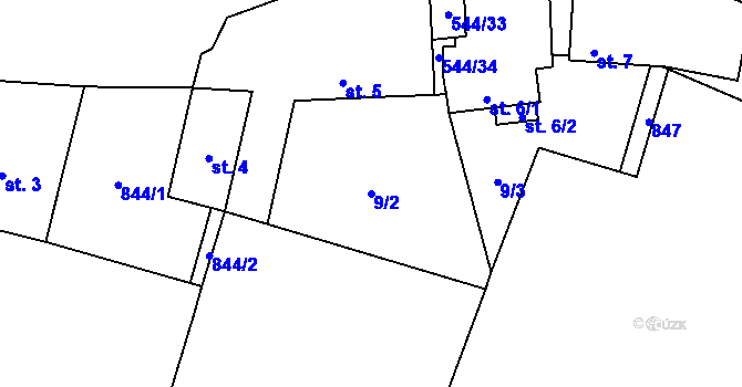 Parcela st. 9/2 v KÚ Miletice u Velvar, Katastrální mapa
