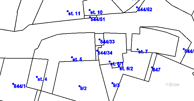 Parcela st. 544/34 v KÚ Miletice u Velvar, Katastrální mapa