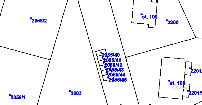 Parcela st. 2055/40 v KÚ Mlýnický Dvůr, Katastrální mapa