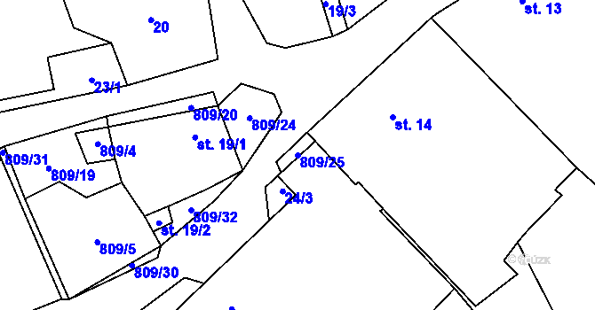 Parcela st. 809/25 v KÚ Jersice, Katastrální mapa