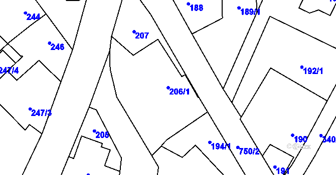 Parcela st. 206/1 v KÚ Červený Hrádek u Plzně, Katastrální mapa