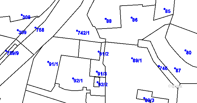 Parcela st. 91/2 v KÚ Červený Hrádek u Plzně, Katastrální mapa