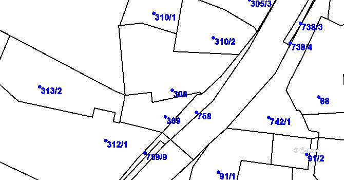 Parcela st. 308 v KÚ Červený Hrádek u Plzně, Katastrální mapa