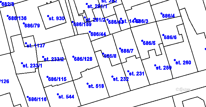 Parcela st. 686/8 v KÚ Parník, Katastrální mapa