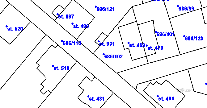Parcela st. 686/102 v KÚ Parník, Katastrální mapa