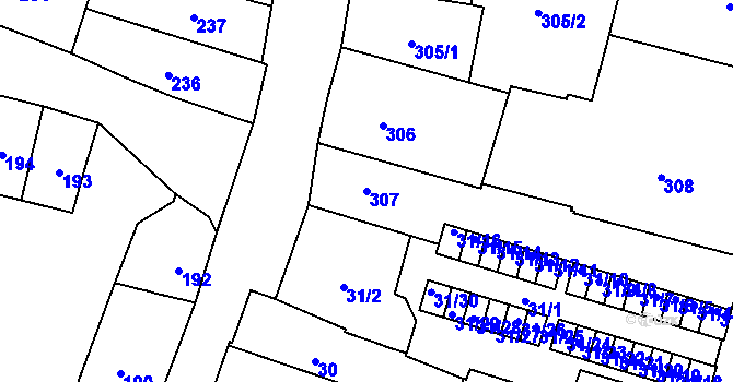 Parcela st. 307 v KÚ České Budějovice 1, Katastrální mapa