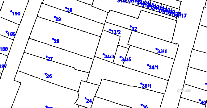 Parcela st. 34/3 v KÚ České Budějovice 1, Katastrální mapa