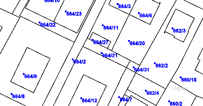 Parcela st. 664/21 v KÚ České Budějovice 3, Katastrální mapa