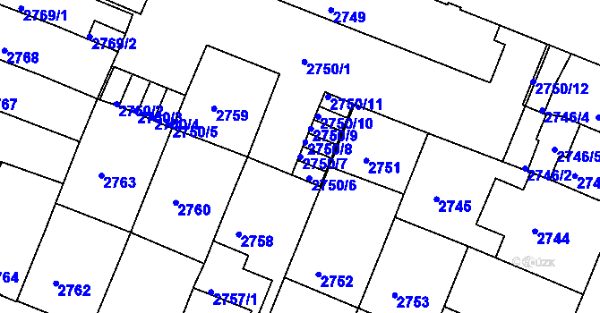 Parcela st. 2750/7 v KÚ České Budějovice 3, Katastrální mapa